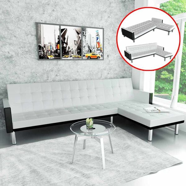 vidaXL Sofa Bed White and Black Faux Leather, Wood, Plywood Large