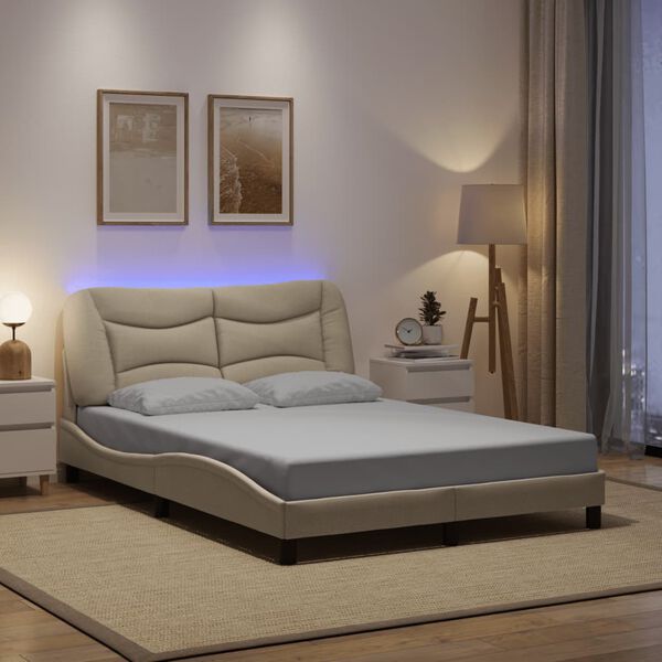 vidaXL Bed Frame Cream Polyester, Metal, Solid Pine Wood, Plywood Double