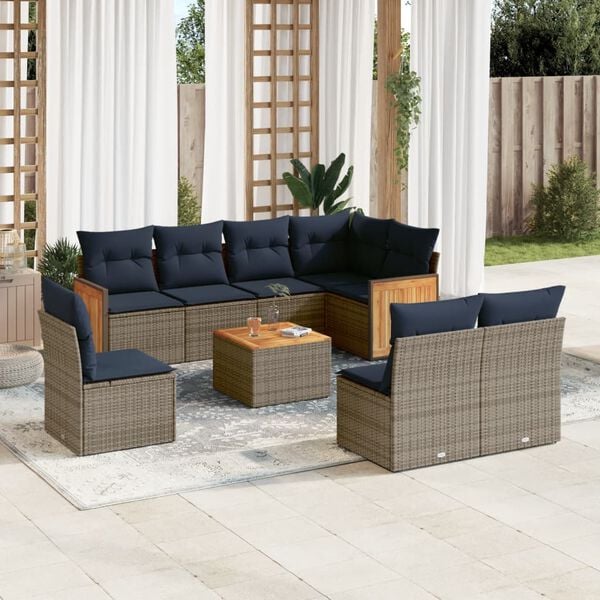 vidaXL 9 Piece Garden Sofa Set with Cushions Grey Poly Rattan
