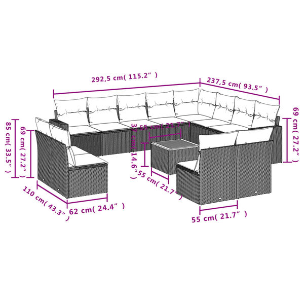 vidaXL 13 Piece Patio Sofa Set with Cushions Gray Poly Rattan