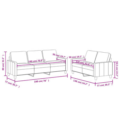 Diagram with dimensions of the beige sofa set showing measurements for two sections