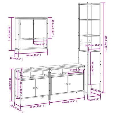 Technical schematic with dimensions for modular bathroom system, showing multiple components and measurements.