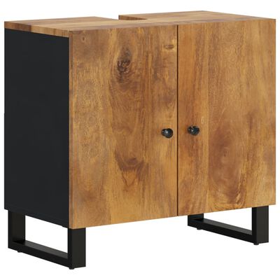 Wooden cabinet with two doors and black base, mix of natural wood finish and black frame.