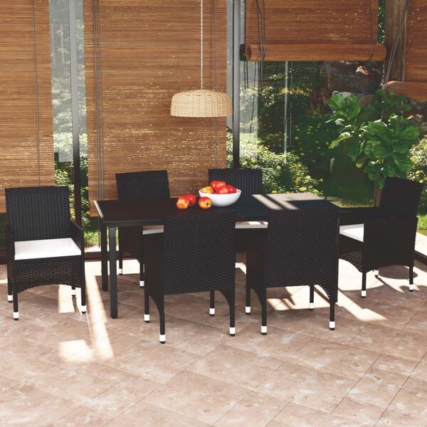vidaXL Dining Set Black PE Rattan, Steel, Glass, Aluminum 7 Piece Set