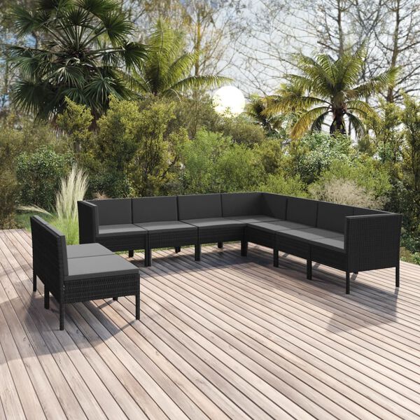 vidaXL Garden Lounge Set Black PE rattan, powder-coated steel, polyester