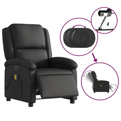 Black recliner with circular control dial, small panel and fold-out armrest with remote/handheld feature highlights