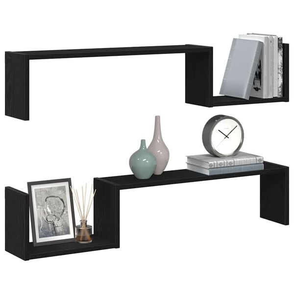 vidaXL Wall Shelf with Shelf 2 pcs Black Oak 39.37 x 5.91 x 7.87 in