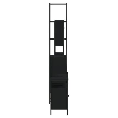 A tall, narrow black cabinet with multiple compartments and a small cabinet at the bottom.