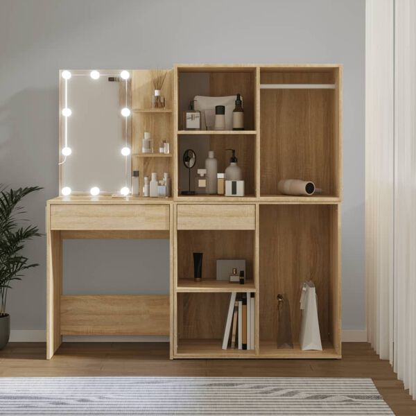 vidaXL LED Dressing Table With Cabinet Sonoma oak Engineered wood, acrylic