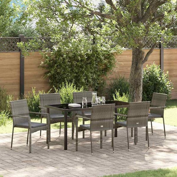 vidaXL Garden Dining Set with Cushion 7 pcs Grey Poly Rattan