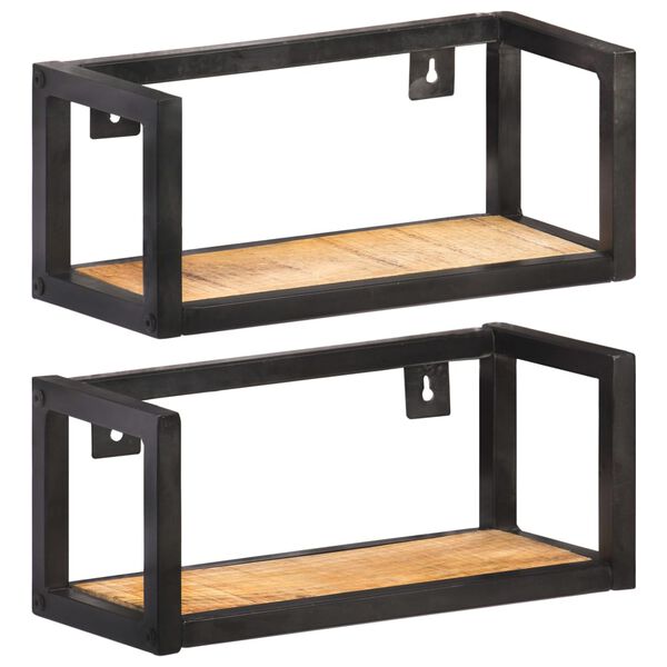 vidaXL Wall Shelf Set of 2 Natural wood and black Rough mango wood, iron