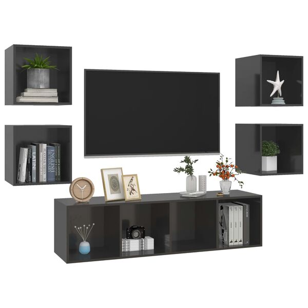vidaXL TV Cabinet Set High gloss grey Engineered wood TV Cabinet Set