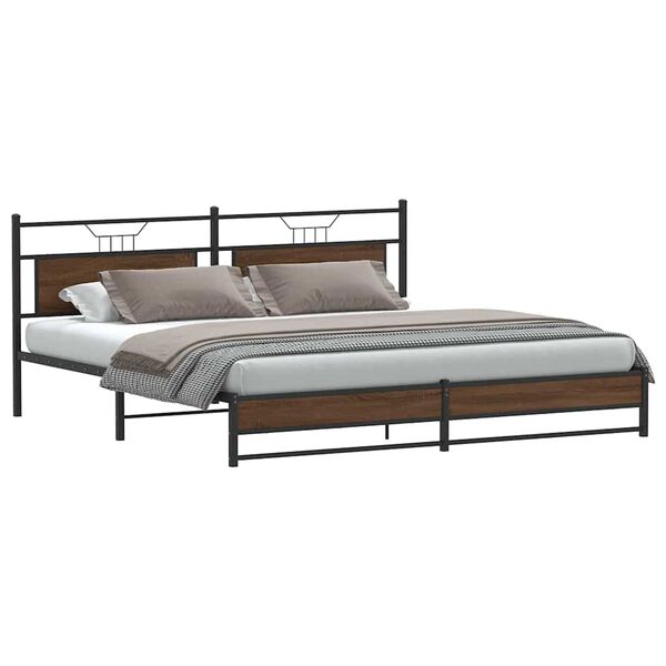 vidaXL Bed Frame Brown Oak Steel, Engineered Wood 76 x 80 in Bed Frame
