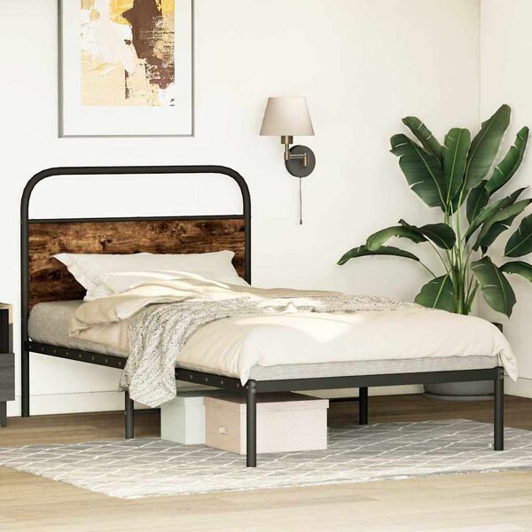 vidaXL Bed Frame Smoked Oak Steel, Engineered Wood Single Bed Frame