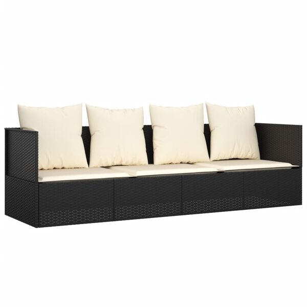 vidaXL Outdoor Lounge Bed Black Poly Rattan, Powder-Coated Steel, Polyester