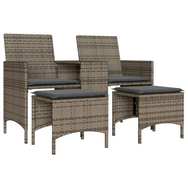 vidaXL Patio Sofa 2-Seater with Table and Stools Grey Poly Rattan