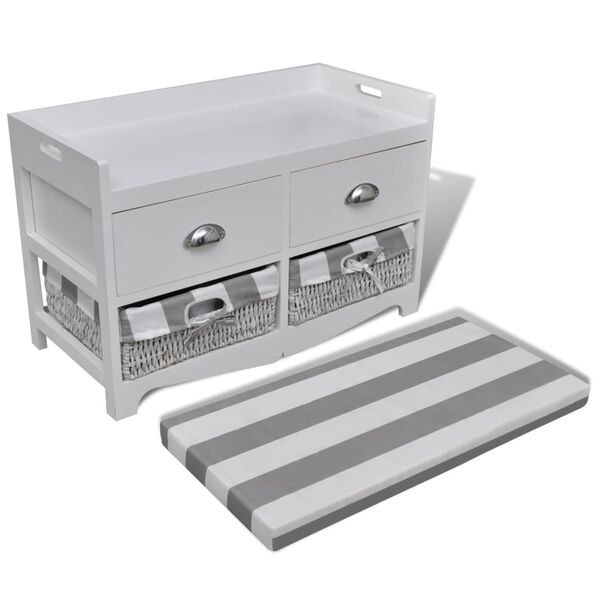 vidaXL White Storage & Entryway Bench with Cushion Top 2 Drawer 2 Basket