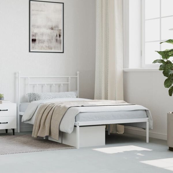 vidaXL Bed Frame White Powder-Coated Steel Twin Bed Frame Rectangular