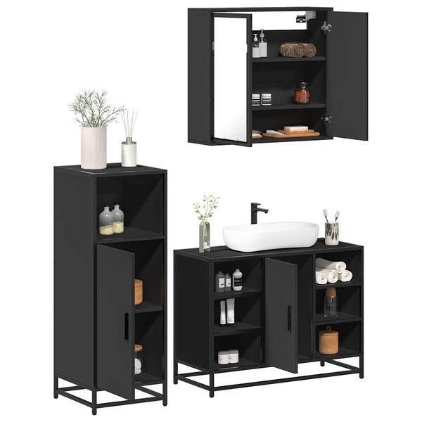 vidaXL Bathroom Furniture Set Black Engineered wood, metal, glass Large