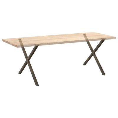 Wood tabletop with X-frame legs underneath, displayed as a complete bench-style table.