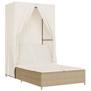 vidaXL Double Sun Lounger with Roof and Curtains Beige Poly Rattan