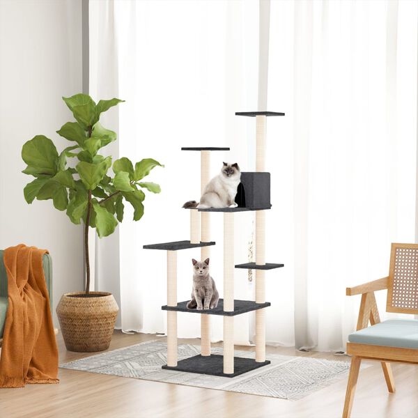 vidaXL Cat Tree Dark Grey Engineered Wood, Plush, Sisal Extra Tall