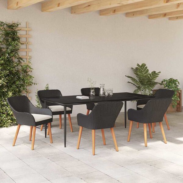 vidaXL Garden Dining Set with Cushion 7 pcs Black Poly Rattan
