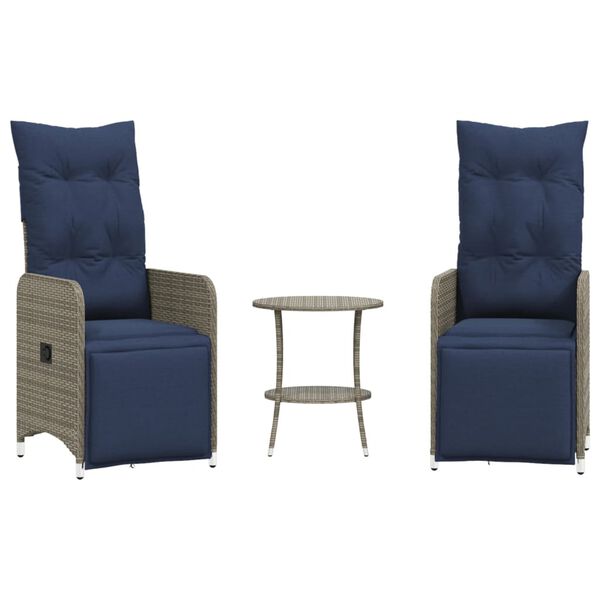vidaXL Reclining Patio Chairs 2 pcs with Table Gray Poly Rattan
