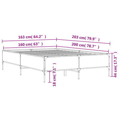 Diagram with dimensions of bed frame: lengths 163-203 cm and height 44 cm, 18 cm legs