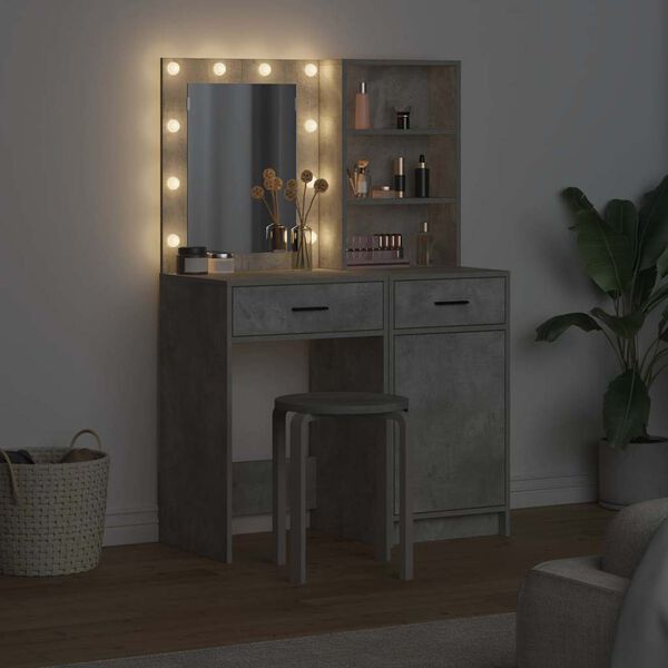 vidaXL Dressing Table Set with LED 2 pcs Concrete Grey Engineered Wood