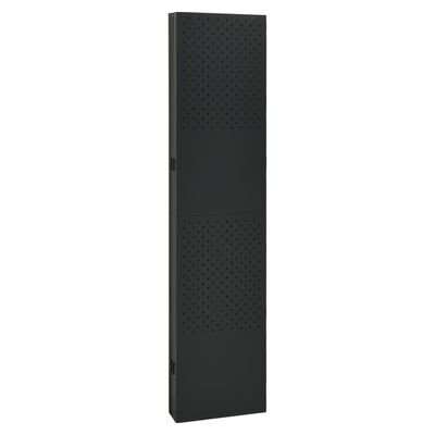 A tall black cabinet with perforated sections, appears to be a single locker unit with door.