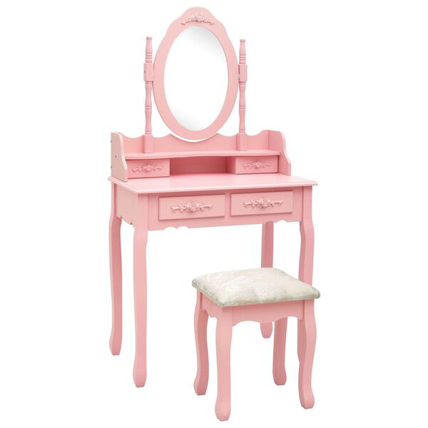 vidaXL Dressing Table Set with Stool Pink 29.5x27.2x55.1" Paulownia Wood