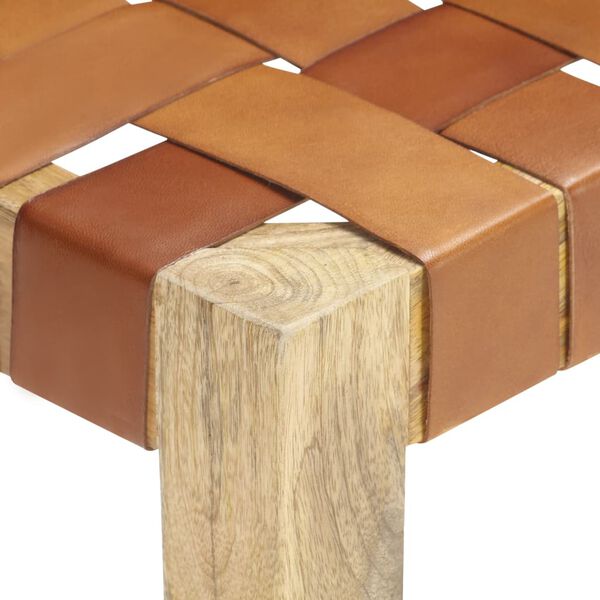 vidaXL Stool Light Brown Real Leather, Solid Mango Wood Compact Durable