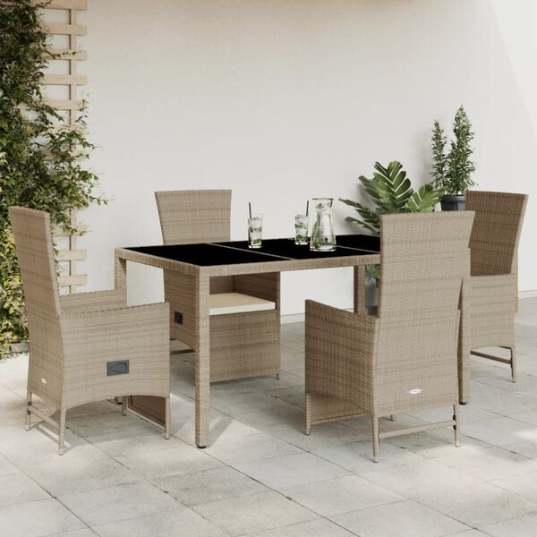 vidaXL 5 Piece Patio Dining Set with Cushions Beige Poly Rattan