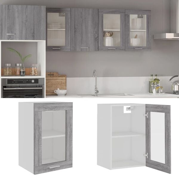 vidaXL Hanging Glass Cabinet Gray sonoma Engineered wood, glass Medium