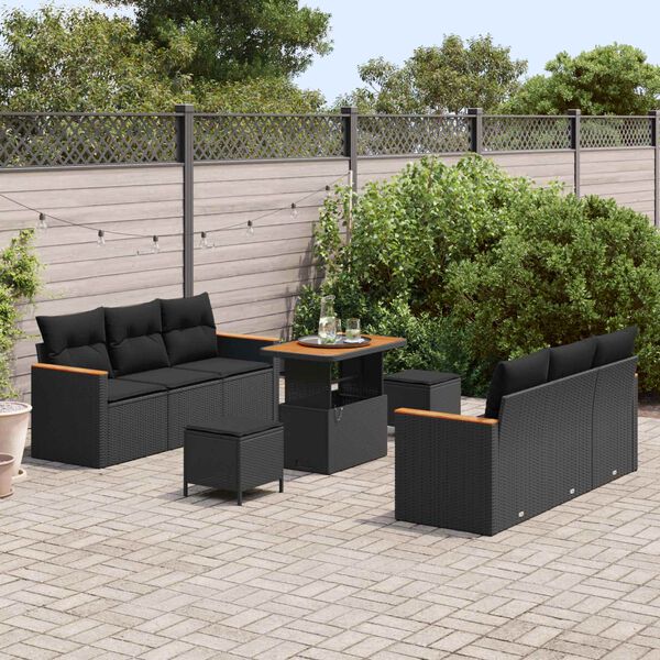 vidaXL Garden Sofa Set with Cushion 11 pcs Black Poly Rattan