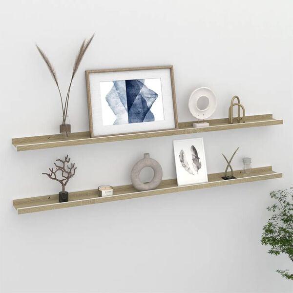 vidaXL Wall Shelf Set of 2 White and Sonoma Oak MDF 45.3x3.5x1.2 in