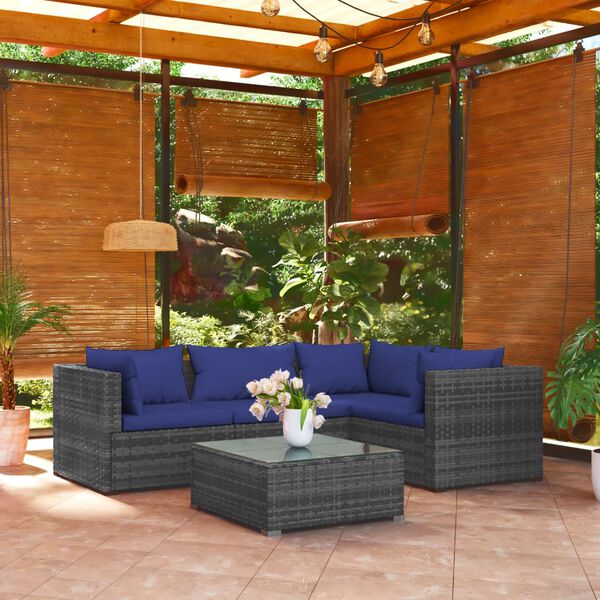 vidaXL Garden Lounge Set Grey PE Rattan, Powder-Coated Steel, Plastic, Glass
