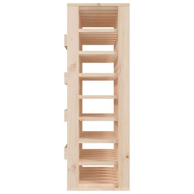 Front view of a tall wooden ladder-style wine rack with multiple tunner shelves for bottles.