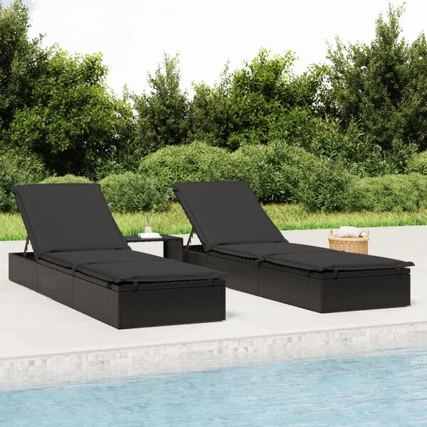 vidaXL Sunbed 1 pc with Table Black Poly Rattan