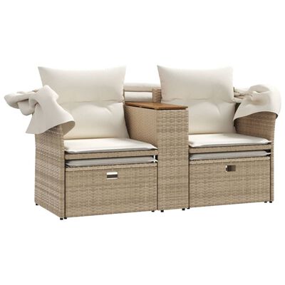 vidaXL Patio Sofa 2-Seater with Canopy and Stools Beige Poly Rattan