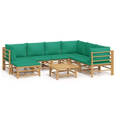 vidaXL 8 Piece Patio Lounge Set with Green Cushions Bamboo