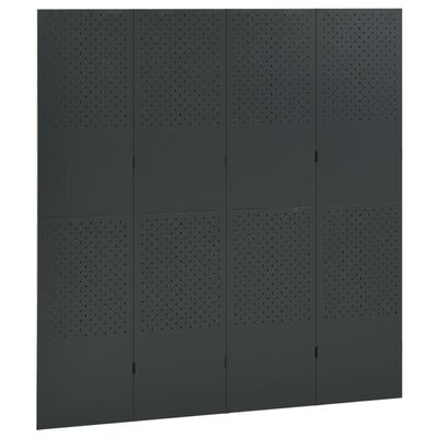 A dark grey modular wall panel system with eight panels forming a grid, perforated pattern in sections
