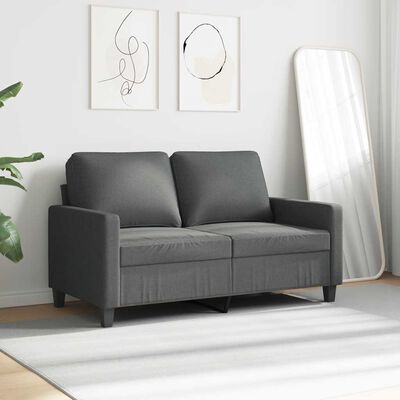 Front view of gray two-seater sofa with track-style metal legs.