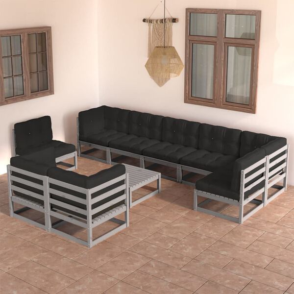 vidaXL Garden Lounge Set Grey Solid Pine Wood, Polyester 10 Piece