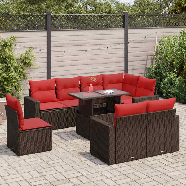 vidaXL 9 Piece Patio Sofa Set with Cushions Brown Poly Rattan Acacia