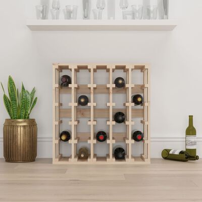 Wooden wine rack displaying several wine bottles in a grid layout