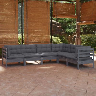 vidaXL 6 Piece Patio Lounge Set with Cushions Gray Solid Pinewood