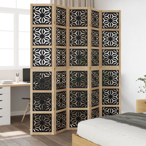 vidaXL Room Divider 5 Panels Brown and Black Solid Wood Paulownia