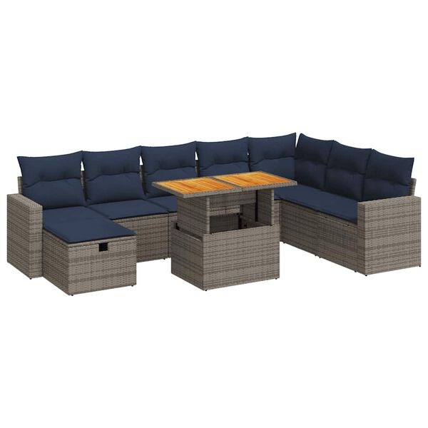 vidaXL 9 Piece Patio Sofa Set with Cushions Gray Poly Rattan Acacia
